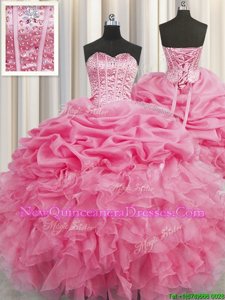 Hot Sale Visible Boning Rose Pink Ball Gowns Sweetheart Sleeveless Organza Floor Length Lace Up Beading and Ruffles and Pick Ups Quinceanera Dress