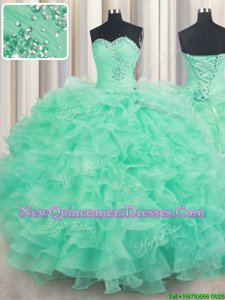 Top Selling Apple Green Ball Gowns Beading and Ruffles Quinceanera Dresses Lace Up Organza Sleeveless Floor Length