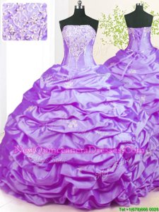 Fancy Lavender Taffeta Lace Up Strapless Sleeveless With Train Ball Gown Prom Dress Sweep Train Beading