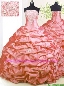 Extravagant With Train Pink Quinceanera Dresses Taffeta Sweep Train Sleeveless Spring and Summer and Fall and Winter Beading and Pick Ups