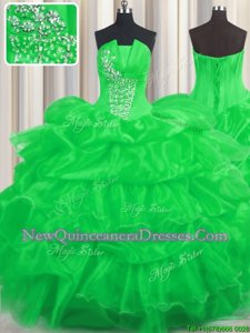 Edgy Floor Length Lace Up Vestidos de Quinceanera Green and In for Military Ball and Sweet 16 and Quinceanera withBeading and Ruffled Layers and Pick Ups