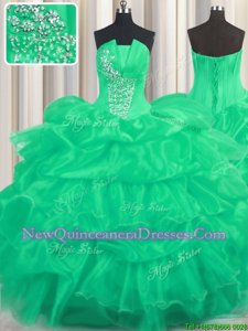 Customized Turquoise Sleeveless Floor Length Beading and Ruffled Layers and Pick Ups Lace Up Quinceanera Gown