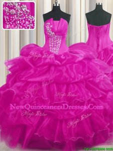 Modest Hot Pink and Fuchsia Strapless Neckline Beading and Ruffled Layers and Pick Ups Vestidos de Quinceanera Sleeveless Lace Up