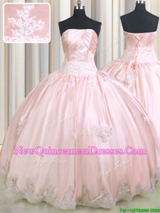 Glittering Strapless Sleeveless Quinceanera Dresses Floor Length Beading and Appliques Baby Pink Taffeta