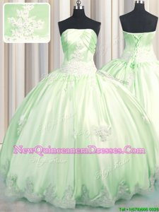 Top Selling Taffeta Strapless Sleeveless Lace Up Beading and Appliques Quince Ball Gowns inYellow Green