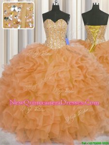 Excellent Visible Boning Sweetheart Sleeveless Organza Sweet 16 Dress Beading and Ruffles and Sashes|ribbons Lace Up