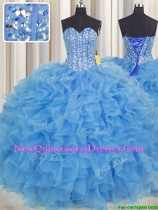 Designer Visible Boning Aqua Blue Organza Lace Up 15 Quinceanera Dress Sleeveless Floor Length Beading and Ruffles and Sashes|ribbons