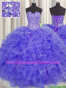 Edgy Visible Boning Purple Ball Gowns Sweetheart Sleeveless Organza Floor Length Lace Up Beading and Ruffles and Sashes|ribbons Vestidos de Quinceanera