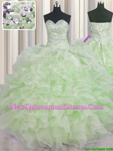 High Quality Green Ball Gowns Sweetheart Sleeveless Organza Floor Length Lace Up Beading and Ruffles Vestidos de Quinceanera