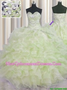 High Class Yellow Green Sweetheart Neckline Beading and Ruffles 15th Birthday Dress Sleeveless Lace Up