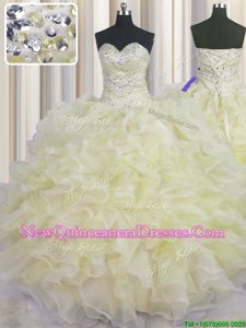 Beading and Ruffles Quince Ball Gowns Light Yellow Lace Up Sleeveless Floor Length