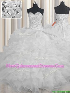 Customized Sleeveless Organza Floor Length Lace Up Quinceanera Gowns in White withBeading and Ruffles