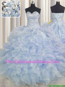 Organza Sweetheart Sleeveless Lace Up Beading and Ruffles Quinceanera Gown inLight Blue