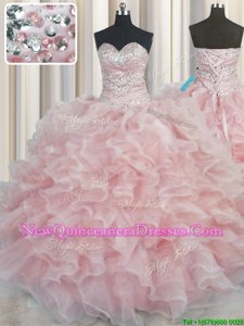 Fashionable Bling-bling Pink Ball Gowns Beading and Ruffles Sweet 16 Quinceanera Dress Lace Up Organza Sleeveless Floor Length