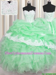 Floor Length Green Quince Ball Gowns Organza Sleeveless Spring and Summer and Fall and Winter Beading and Appliques and Ruffles and Pick Ups