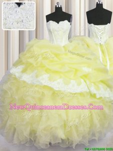 Best Selling Light Yellow Sweetheart Neckline Beading and Appliques and Ruffles and Pick Ups Quinceanera Gown Sleeveless Lace Up