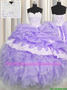 Flare Lavender Sleeveless Floor Length Beading and Appliques and Ruffles and Pick Ups Lace Up Quinceanera Dresses