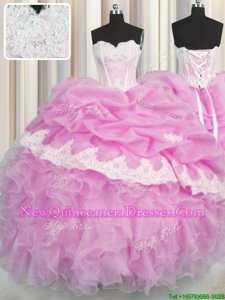 Traditional Pink Lace Up Sweetheart Beading and Appliques and Ruffles and Pick Ups Quinceanera Dress Organza Sleeveless