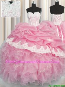 Comfortable Rose Pink Organza Lace Up Quinceanera Dress Sleeveless Floor Length Beading and Appliques and Ruffles and Pick Ups