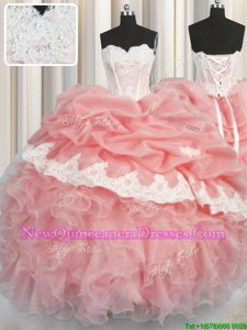 Customized Watermelon Red and Baby Pink Ball Gowns Sweetheart Sleeveless Organza Floor Length Lace Up Appliques and Ruffles and Pick Ups Sweet 16 Dresses