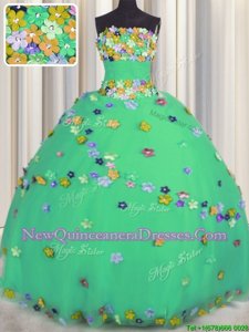 Unique Turquoise Ball Gowns Hand Made Flower Quinceanera Dress Lace Up Tulle Sleeveless Floor Length