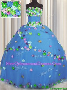 Superior Blue Lace Up Vestidos de Quinceanera Hand Made Flower Sleeveless Floor Length