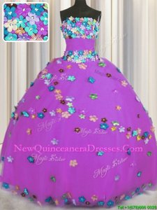 Most Popular Purple Ball Gowns Strapless Sleeveless Tulle Floor Length Lace Up Hand Made Flower Quince Ball Gowns