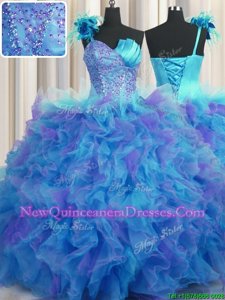 Best Selling One Shoulder Handcrafted Flower Multi-color Lace Up Quince Ball Gowns Beading and Ruffles and Hand Made Flower Sleeveless Floor Length