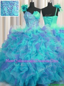 Discount Handcrafted Flower One Shoulder Sleeveless Tulle 15 Quinceanera Dress Beading and Ruffles and Hand Made Flower Lace Up