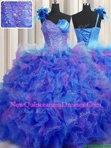 Decent One Shoulder Handcrafted Flower Floor Length Ball Gowns Sleeveless Multi-color 15th Birthday Dress Lace Up