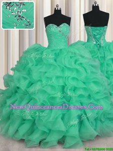 Nice Turquoise Ball Gown Prom Dress Military Ball and Sweet 16 and Quinceanera and For withBeading and Ruffles Sweetheart Sleeveless Lace Up