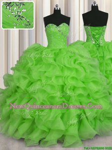 Stunning Spring Green Lace Up Sweetheart Beading and Ruffles Quinceanera Gown Organza Sleeveless