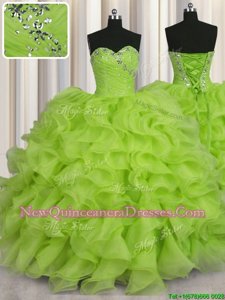 New Style Yellow Green Organza Lace Up 15th Birthday Dress Sleeveless Floor Length Beading