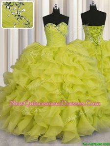 Yellow Green Ball Gowns Sweetheart Sleeveless Organza Floor Length Lace Up Beading and Ruffles Vestidos de Quinceanera