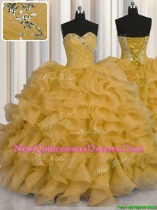 Modern Gold Ball Gowns Sweetheart Sleeveless Organza Floor Length Lace Up Beading and Ruffles Quinceanera Dress