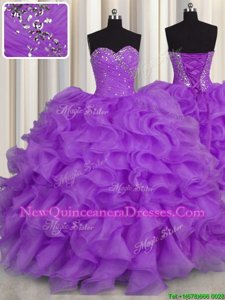 Luxurious Purple Lace Up 15 Quinceanera Dress Beading and Ruffles Sleeveless Floor Length