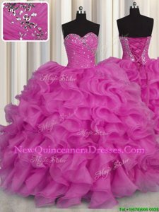 Customized Floor Length Fuchsia Quinceanera Dresses Organza Sleeveless Spring and Summer and Fall and Winter Beading and Ruffles