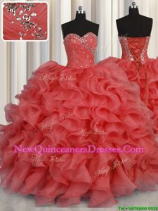 Charming Sweetheart Sleeveless Lace Up Quinceanera Dress Coral Red Organza