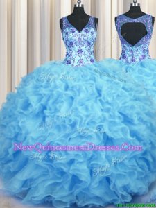 V Neck Baby Blue V-neck Neckline Beading and Appliques and Ruffles Sweet 16 Quinceanera Dress Sleeveless Zipper