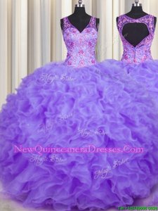 Cute V Neck Sleeveless Backless Floor Length Beading and Appliques and Ruffles Quinceanera Gown