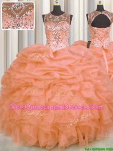 Dramatic See Through Scoop Sleeveless Quinceanera Dress Floor Length Beading and Ruffles and Pick Ups Orange Organza