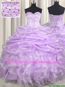 Sophisticated Organza Sweetheart Sleeveless Brush Train Lace Up Beading and Ruffles and Pick Ups Quinceanera Gowns inLavender