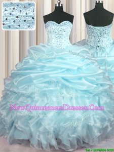 Dazzling Pick Ups Sweetheart Sleeveless Brush Train Lace Up Quinceanera Dress Light Blue Organza