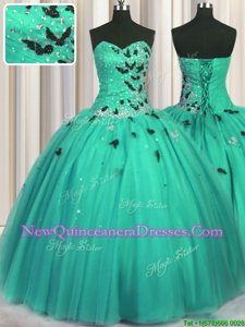 Lovely Turquoise Sweet 16 Dress Military Ball and Sweet 16 and Quinceanera and For withBeading and Appliques Sweetheart Sleeveless Lace Up