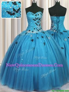 Chic Sweetheart Sleeveless Tulle Ball Gown Prom Dress Beading and Appliques Lace Up