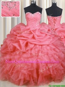 Vintage Watermelon Red Organza Lace Up Sweet 16 Quinceanera Dress Sleeveless Floor Length Beading and Ruffles and Ruching and Pick Ups