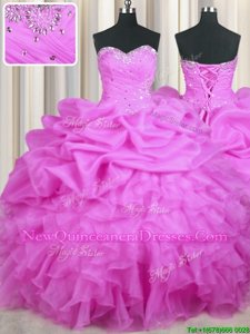 Clearance Lilac Ball Gowns Sweetheart Sleeveless Organza Floor Length Lace Up Beading and Ruffles and Sequins and Ruching Quince Ball Gowns