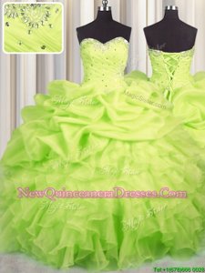 Customized Yellow Green Ball Gowns Organza Sweetheart Sleeveless Beading and Ruffles and Ruching and Pick Ups Floor Length Lace Up Quinceanera Gown