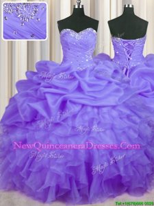 Floor Length Lavender Vestidos de Quinceanera Organza Sleeveless Spring and Summer and Fall and Winter Beading and Ruffles and Pick Ups