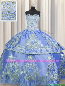 On Sale Embroidery Sweetheart Sleeveless Lace Up Quinceanera Dress Blue Taffeta